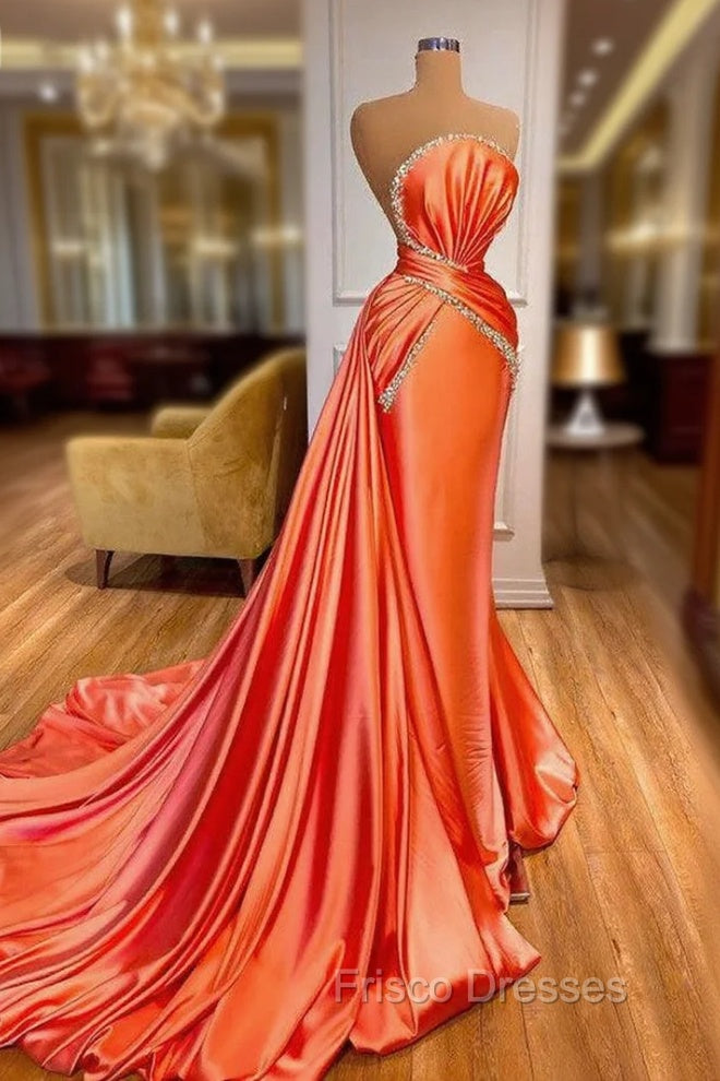 Amazing Orange Crystal Mermaid Formal Prom Dress With Detachable Train Main image