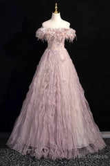 Amazing Pink Tulle Off the Shoulder Beading Prom Dress