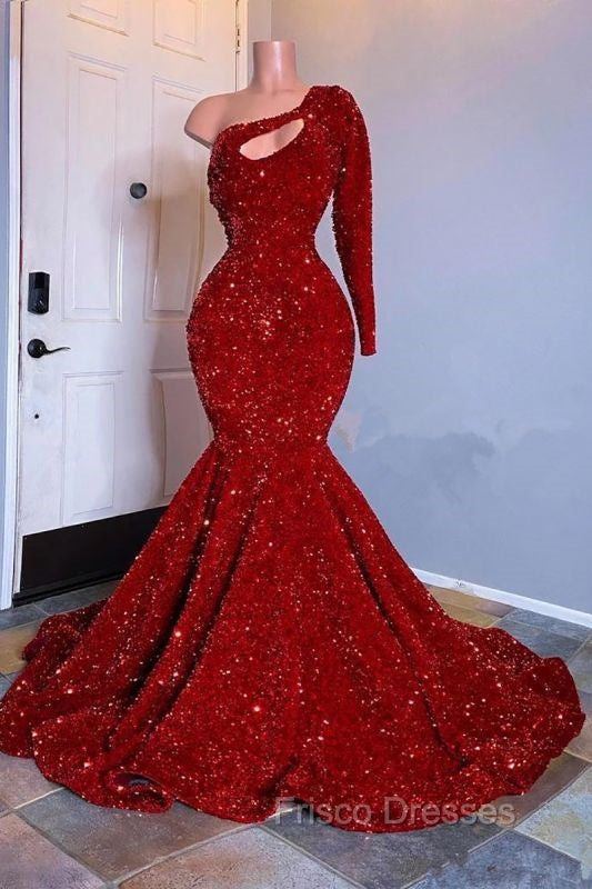 Amazing Red Long Sleeves Formal Prom Dress One-Shoulder Mermaid With Sequins