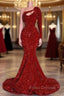 Amazing Red Long Sleeves Formal Prom Dress One-Shoulder Mermaid With Sequins