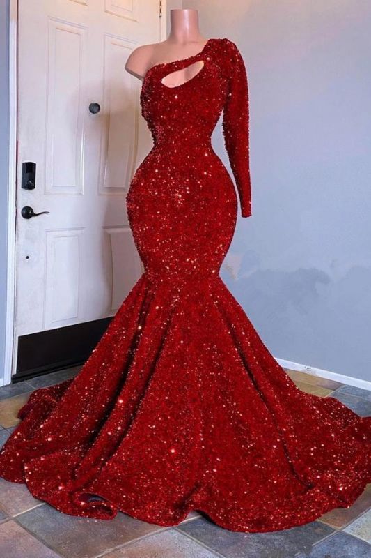 Amazing Red Long Sleeves Prom Dress One-Shoulder Mermaid With Sequins Main image