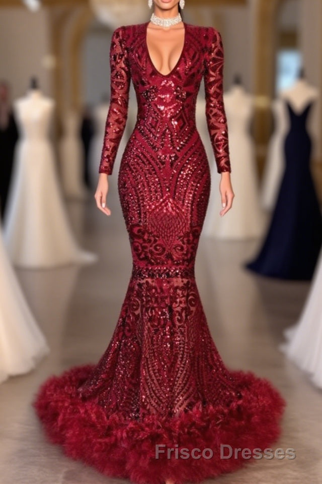 Amazing Sequins V-neck Long Sleeve Mermaid Formal Prom Dress Main image