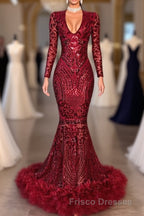 Amazing Sequins V-neck Long Sleeve Mermaid Formal Prom Dress