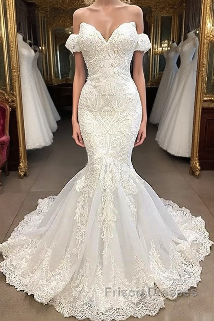 Amazing Sweetheart Mermaid White Wedding Dress Off the shoulder Lace Bridal Gowns Online Main image