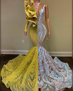 Amazing V-Neck One Shoulder Long Sleeve Long Mermaid Formal Prom Dresses
