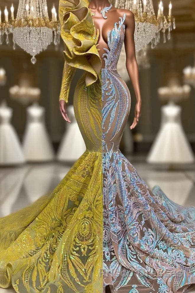 Amazing V-Neck One Shoulder Long Sleeve Long Mermaid Formal Prom Dresses Main image