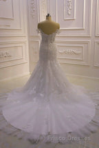 Amazing White 3D Lace applique Off the Shoulder Mermaid Bridal Gowns
