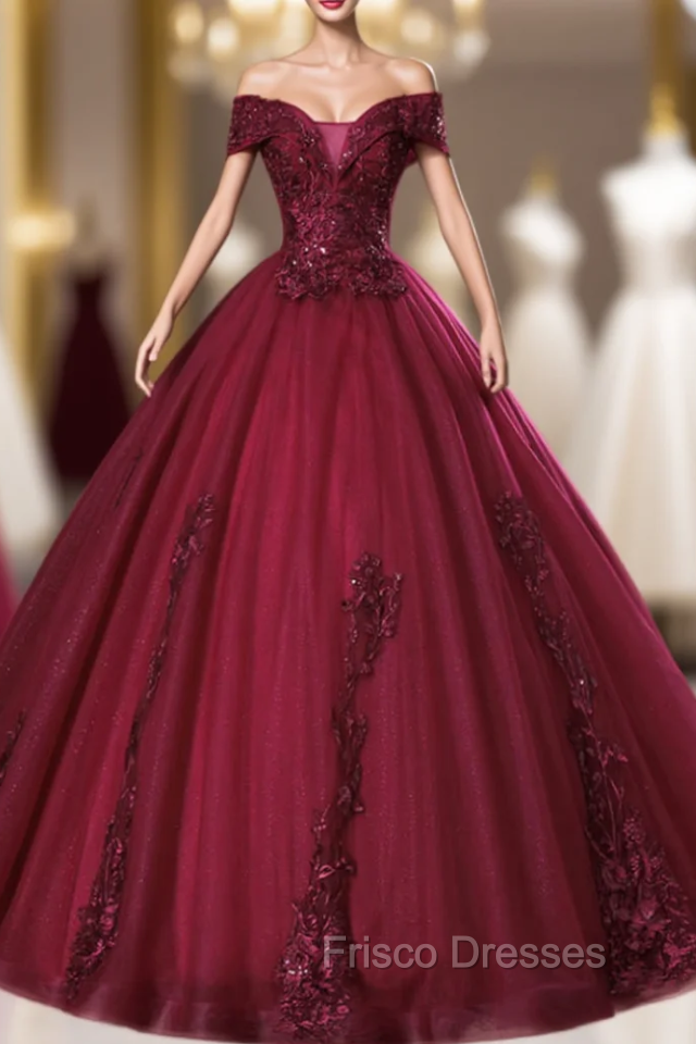 An Extra 40% Off Storewide Burgundy Ball Gown Tulle Appliques Off the Shoulder Quinceanera Dress Main image