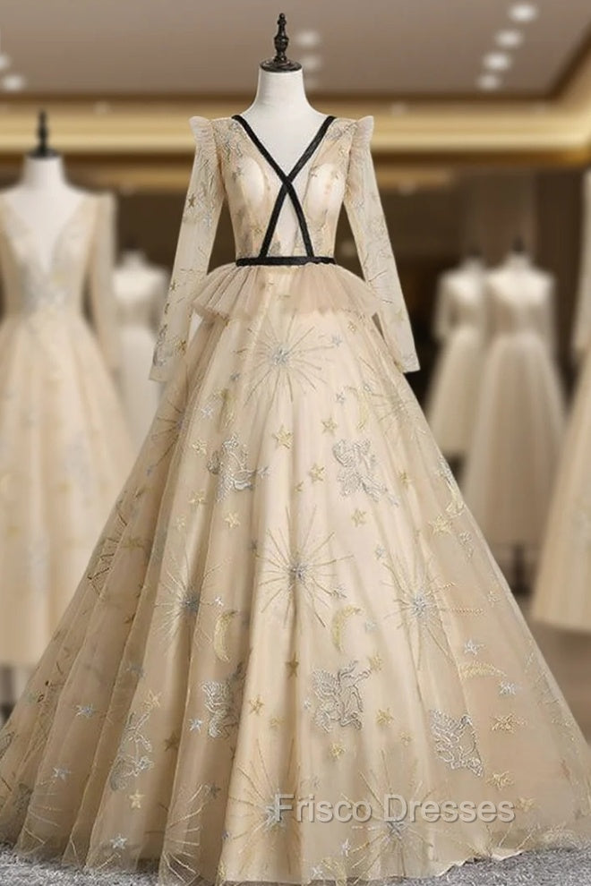 An Extra 40% Off Storewide Champagne Ball Gown Tulle V-neck Long Sleeve Quinceanera Dress Main image