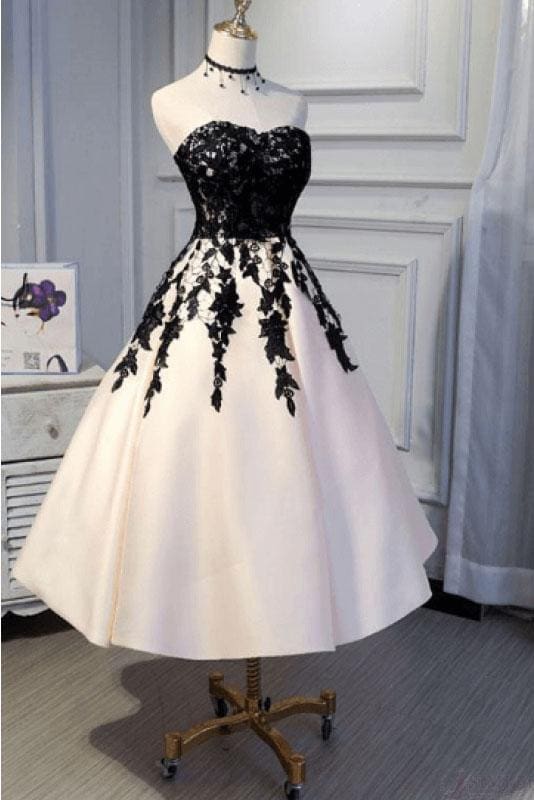 Ankle Length Strapless Prom with Black Lace A Line Princess Homecoming Dress