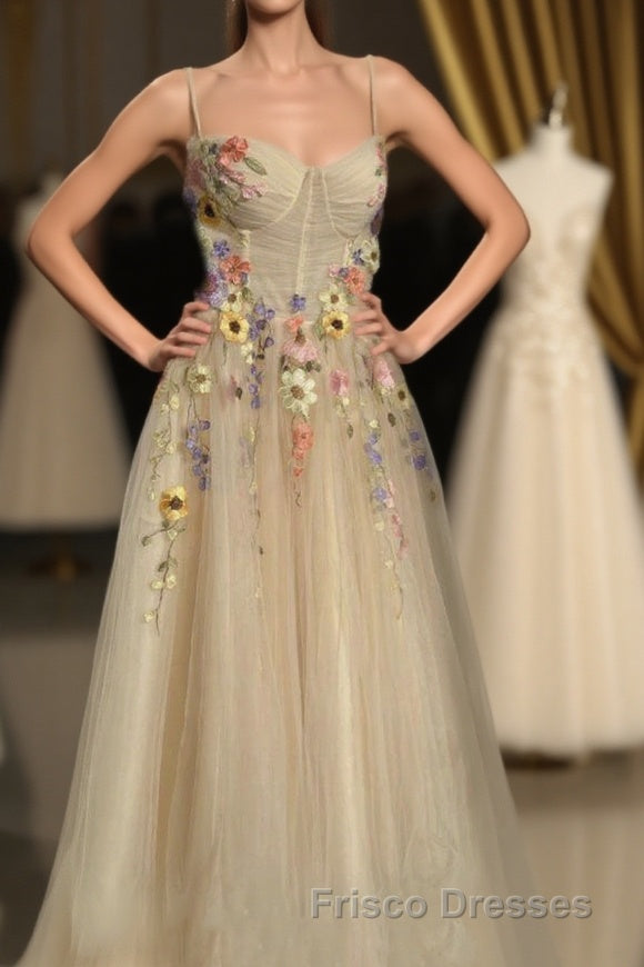 Ankle Length Tulle Straps Formal Prom Dress with Flowers, A Line Party Gown Main image