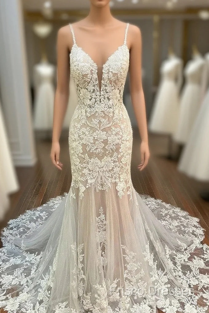 Appliques Backless Trumpet Long Wedding Dress