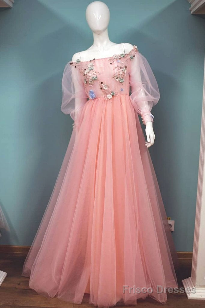 Appliques Flower Pink Tulle Lace Long Sleeves Prom Dress Main image
