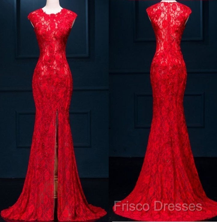 Appliques Lace Mermaid Formal Dress, Sexy Red Long Formal Prom Dress