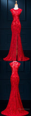 Appliques Lace Mermaid Evening Dress, Sexy Red Long Prom Dress