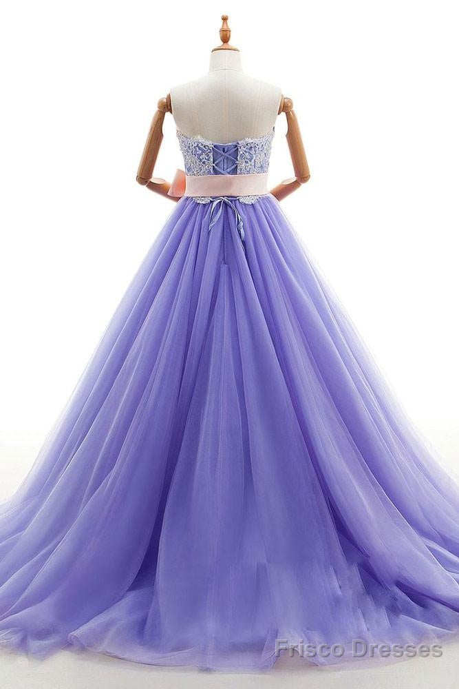 Appliques Long Purple Tulle Lace Prom Dress With Belt Secondary image