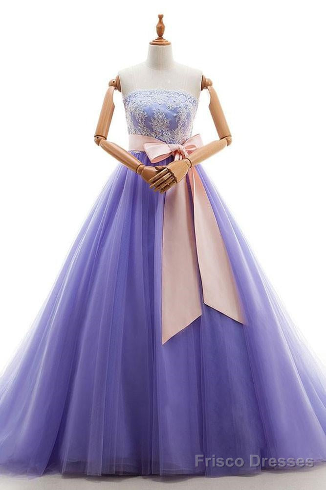 Appliques Long Purple Tulle Lace Prom Dress With Belt Main image