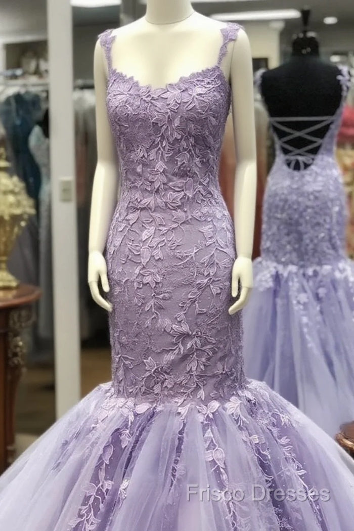 Appliques Mermaid Backless Lavender Straps Purple Lace Formal Prom Dress