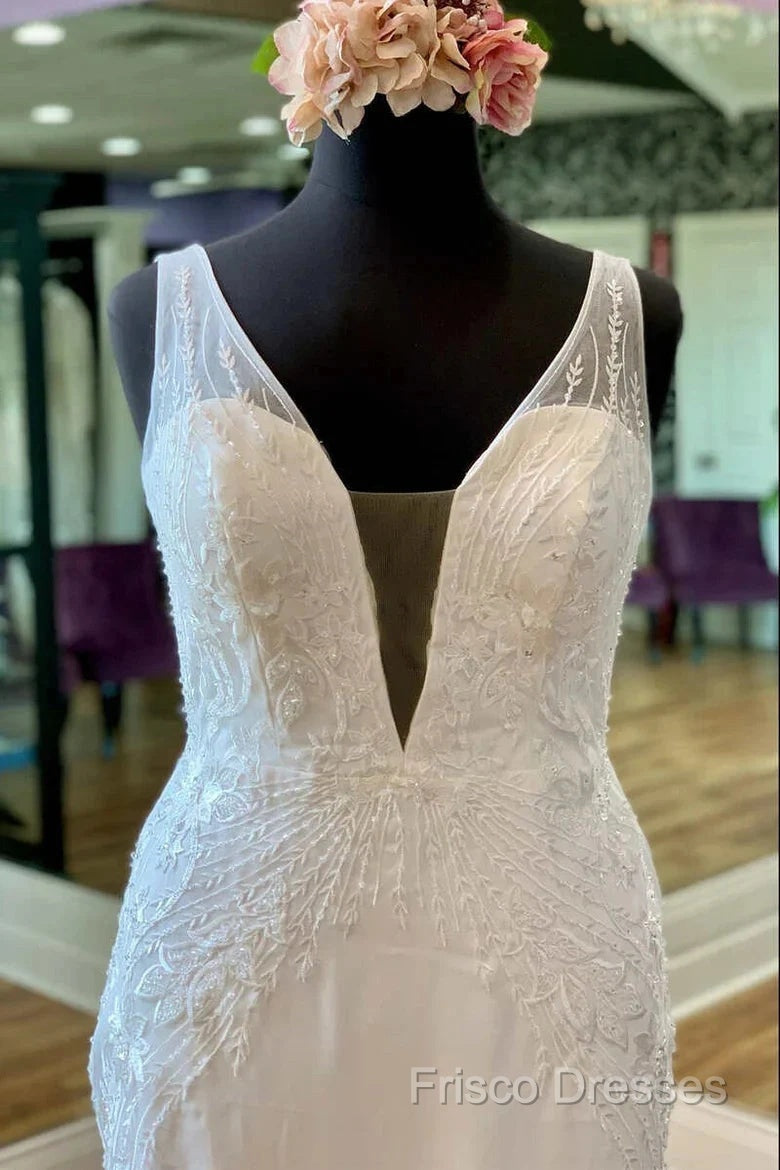 Appliques Sheer Straps Open Back Mermaid Long Wedding Dress