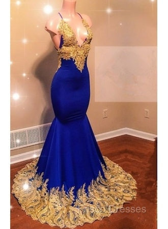 Appliques Spaghetti Sleeveless V-neck Mermaid Formal Prom Dress
