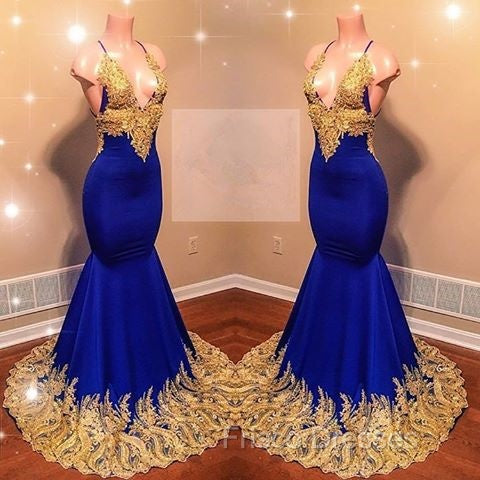Appliques Spaghetti Sleeveless V-neck Mermaid Formal Prom Dress