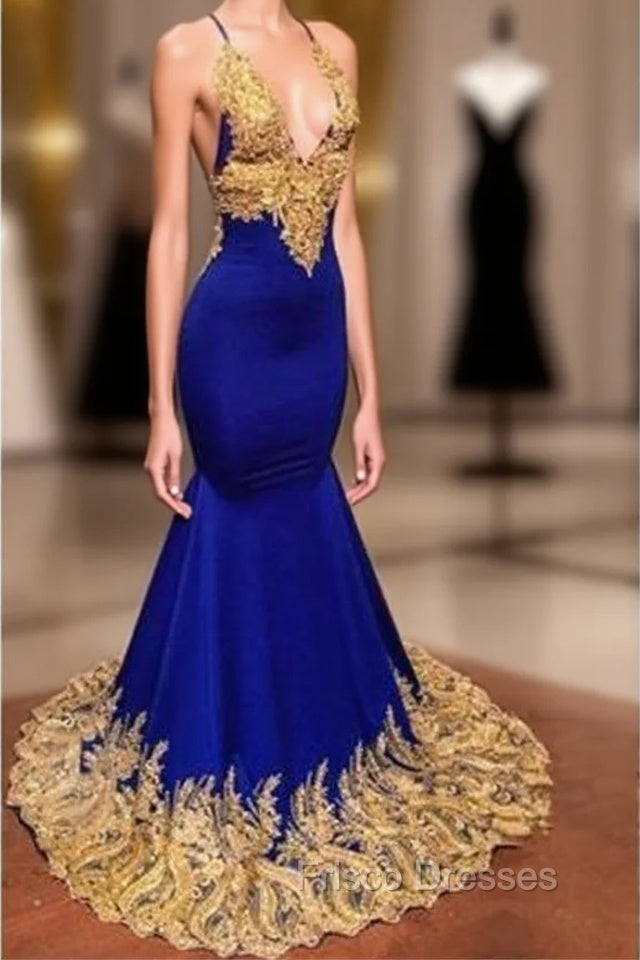 Appliques Spaghetti Sleeveless V-neck Mermaid Formal Prom Dress Main image