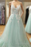 Appliques Spaghetti Straps Mint Green Tulle A Line Formal Prom Dress