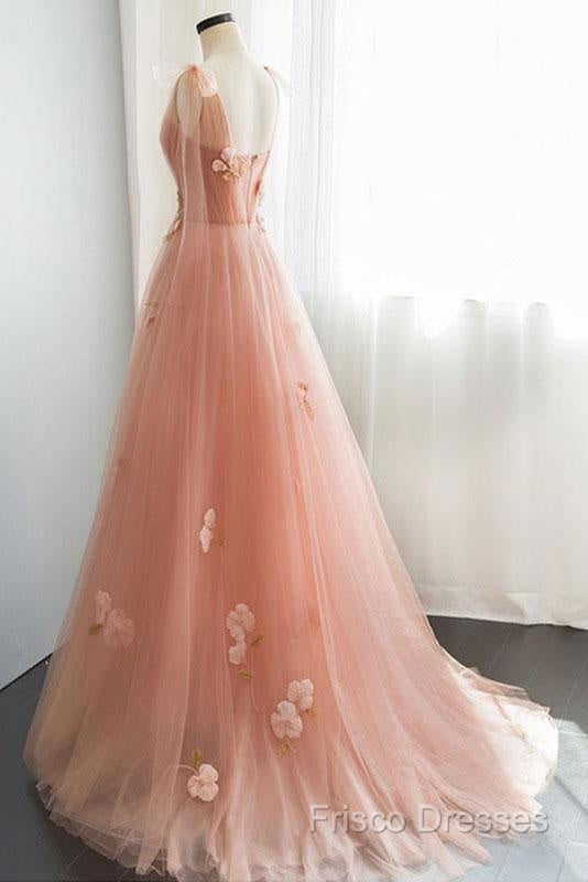 Appliques Straps Long Pink Tulle Flowers Formal Prom Dress