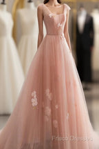 Appliques Straps Long Pink Tulle Flowers Formal Prom Dress