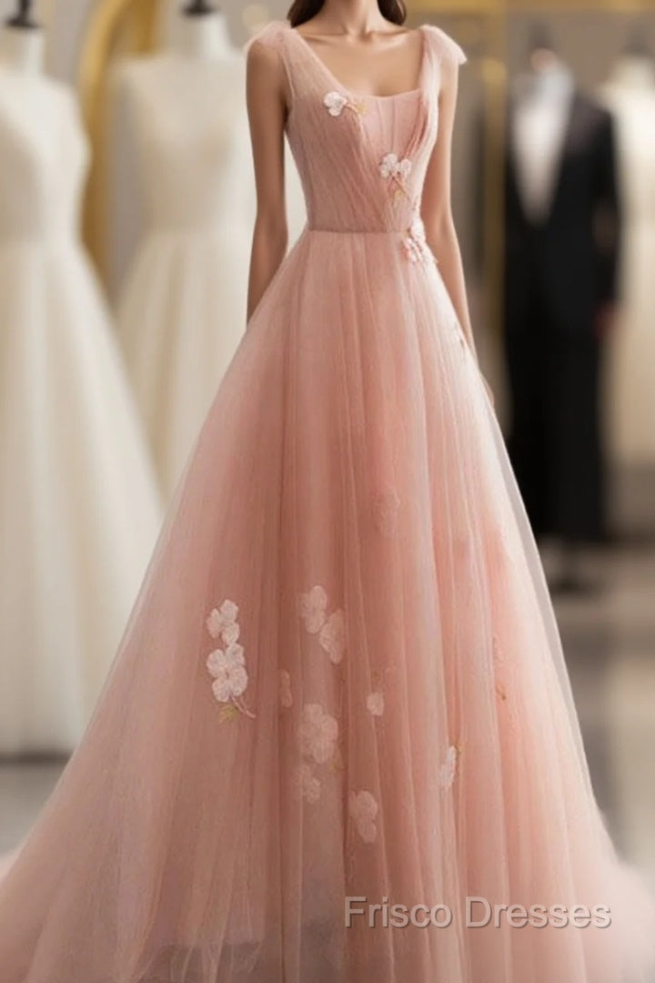 Appliques Straps Long Pink Tulle Flowers Formal Prom Dress