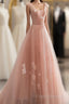 Appliques Straps Long Pink Tulle Flowers Formal Prom Dress
