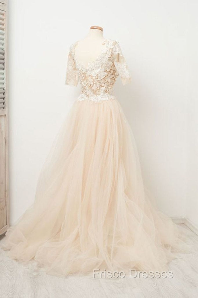Appliques Tulle Lace Light Champagne Long Formal Prom Dress Secondary image