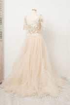 Appliques Tulle Lace Light Champagne Long Formal Prom Dress