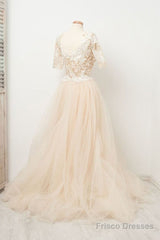 Appliques Tulle Lace Light Champagne Long Prom Dress