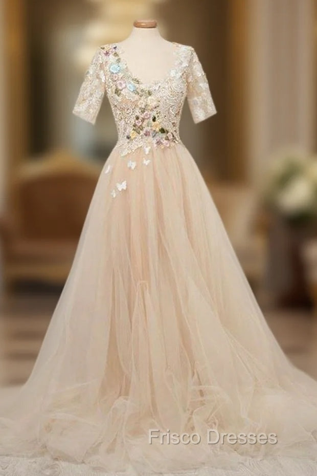 Appliques Tulle Lace Light Champagne Long Formal Prom Dress Main image