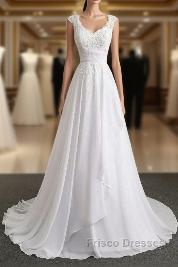 Appliques V-Neck Lace-Up Chiffon Wedding Dress Main image
