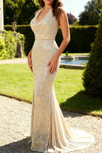 Apricot Mermaid Halter Sequins Open Back Long Prom Dress