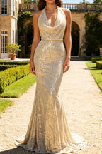 Apricot Mermaid Halter Sequins Open Back Long Prom Dress