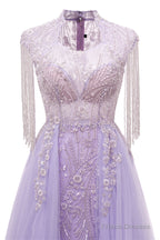 Arabic Purple Elegant A Line Beaded Tassel Luxury Dubai Evening Dresses Gowns For Women