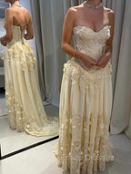 Aristocratic A-line Sweetheart Appliques Lace Sweep Train Chiffon Corset Prom Dress
