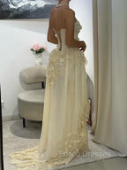 Aristocratic A-line Sweetheart Appliques Lace Sweep Train Chiffon Corset Prom Dress