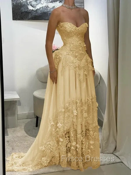 Aristocratic A-line Sweetheart Appliques Lace Sweep Train Chiffon Corset Prom Dress