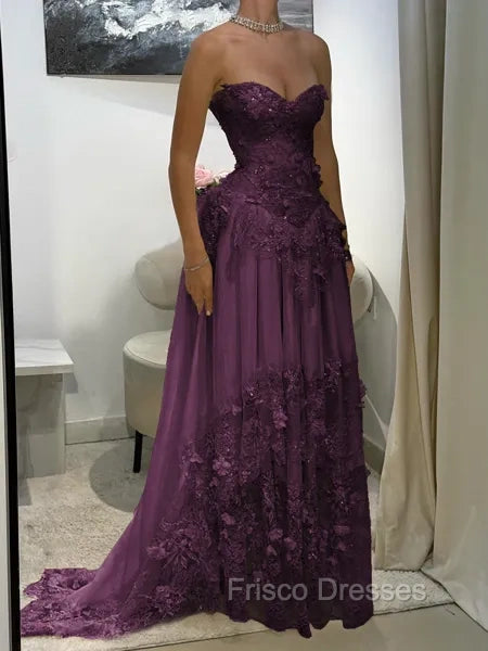 Aristocratic A-line Sweetheart Appliques Lace Sweep Train Chiffon Corset Prom Dress
