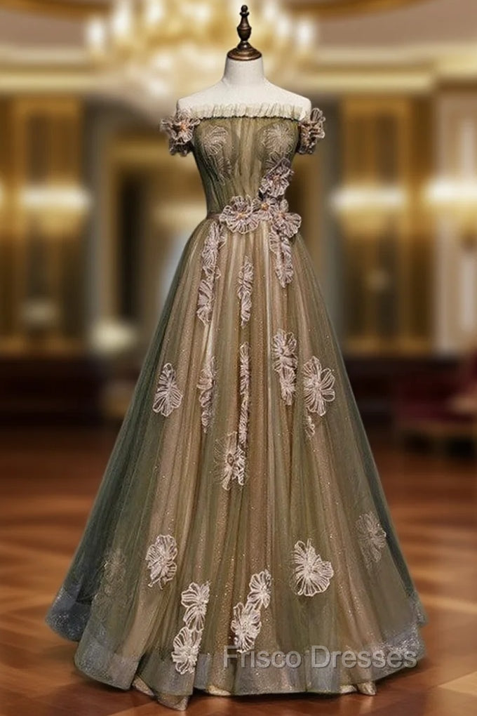Army Green Tulle Off the Shoulder Formal Prom Dress Main image