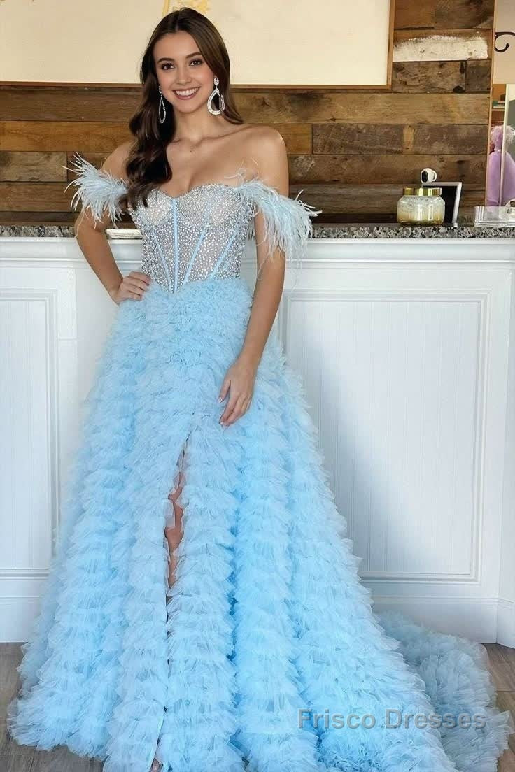 A Line Off the Shoulder Tiered Tulle Prom Dress With Slit