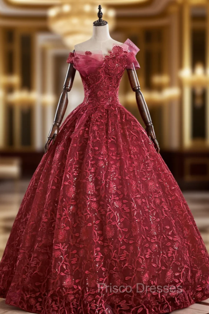 At Great Prices Burgundy Ball Gown Lace Sequins Off the Shoulder Quinceanera Dress Main image