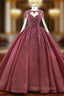 At Incredible Price Burgundy Ball Gown Organza Beading Long Sleeve Formal Prom Dress