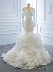At Incredible Price White Mermaid Tulle Off the Shoulder Long Sleeve Wedding Dress
