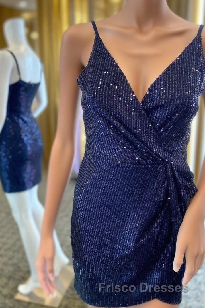 Navy Blue Sequins V-Neck Mini Homecoming Dress Main image