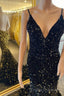 Open Back Sequin Mermaid V Neck Long Formal Prom Dress